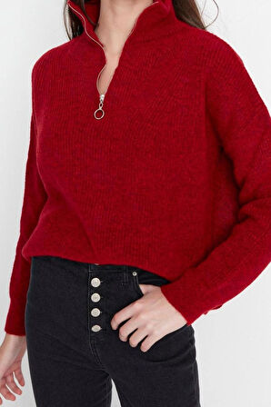 Kadın Moda Şık Regular Dik Yaka Uzun Kol Düz Couple Yumuşak Dokulu Fermuarlı Triko Kazak