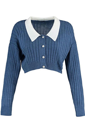 Kadın Moda Şık Crop Bebe Yaka Regular Süper Crop Gömlek Yaka Garnili Triko Hırka