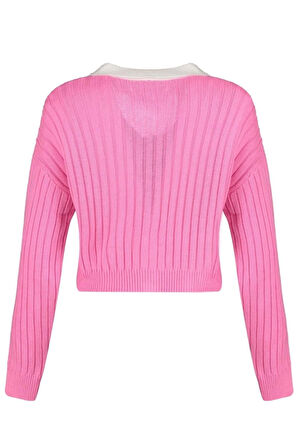 Kadın Moda Şık Crop Bebe Yaka Regular Süper Crop Gömlek Yaka Garnili Triko Hırka