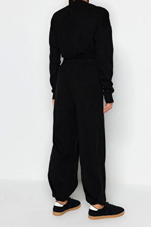 Kadın Moda Şık Regular Boy Uzun Kollu Süper Crop Jogger Pantolonlu Triko Alt-Üst Takım