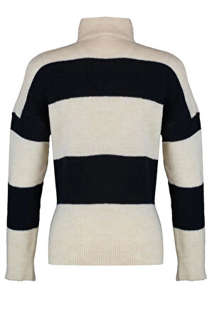 Kadın Moda Şık Regular Dik Yaka Uzun Kol Çizgili Geniş Kalıp Yumuşak Dokulu Fermuarlı Triko Kazak