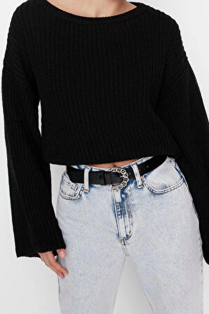 Kadın Moda Şık Crop Bisiklet Yaka Uzun Kol Düz Crop İspanyol Kol Triko Kazak