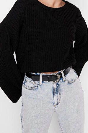 Kadın Moda Şık Crop Bisiklet Yaka Uzun Kol Düz Crop İspanyol Kol Triko Kazak