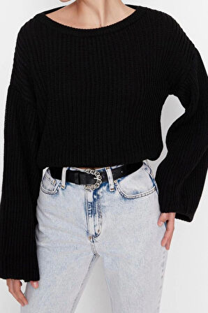 Kadın Moda Şık Crop Bisiklet Yaka Uzun Kol Düz Crop İspanyol Kol Triko Kazak