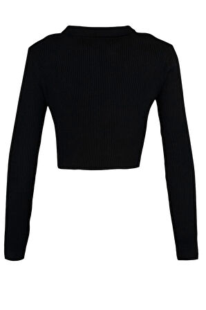 Kadın Moda Şık Crop Polo Yaka Slim Crop Fermuarlı Triko Hırka