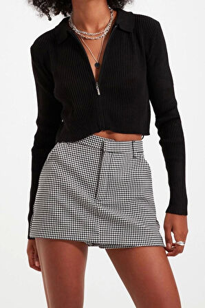 Kadın Moda Şık Crop Polo Yaka Slim Crop Fermuarlı Triko Hırka