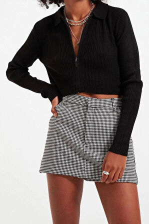 Kadın Moda Şık Crop Polo Yaka Slim Crop Fermuarlı Triko Hırka