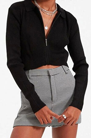 Kadın Moda Şık Crop Polo Yaka Slim Crop Fermuarlı Triko Hırka