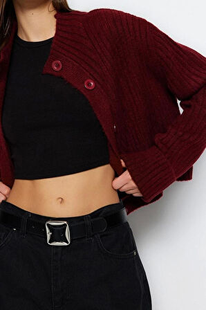 Kadın Moda Şık Crop Dik Yaka Uzun Kol Düz Crop Yumuşak Dokulu Dik Yaka Triko Hırka