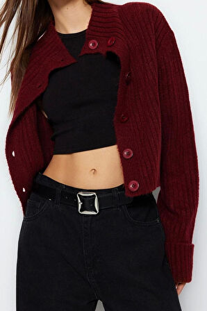 Kadın Moda Şık Crop Dik Yaka Uzun Kol Düz Crop Yumuşak Dokulu Dik Yaka Triko Hırka