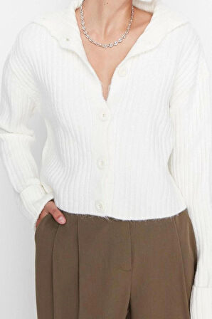 Kadın Moda Şık Crop Dik Yaka Uzun Kol Düz Crop Yumuşak Dokulu Dik Yaka Triko Hırka