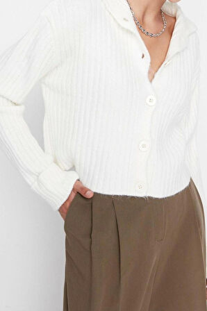 Kadın Moda Şık Crop Dik Yaka Uzun Kol Düz Crop Yumuşak Dokulu Dik Yaka Triko Hırka