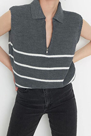 Kadın Moda Şık Polo Yaka Standart Kol Regular Fermuarlı Çizgili Triko Süveter