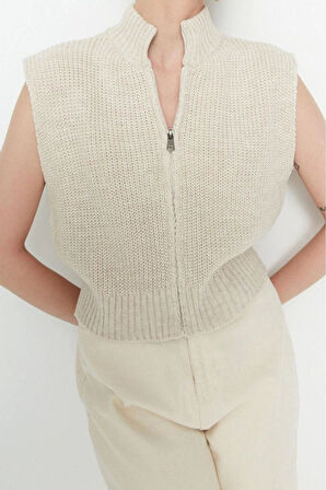 Kadın Moda Şık Crop Dik Yaka Kolsuz Düz Crop Fermuarlı Basic Triko Yelek