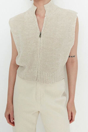 Kadın Moda Şık Crop Dik Yaka Kolsuz Düz Crop Fermuarlı Basic Triko Yelek
