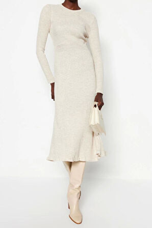 Yeni Slim Casual Günlük Tek Plaka Triko Bisiklet Yaka Uzun Kol Bodycone Midi Boy Elbise