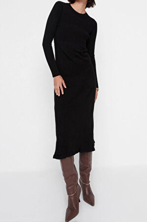 Yeni Slim Casual Günlük Tek Plaka Triko Bisiklet Yaka Uzun Kol Bodycone Midi Boy Elbise