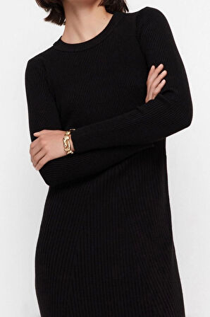 Yeni Slim Casual Günlük Tek Plaka Triko Bisiklet Yaka Uzun Kol Bodycone Midi Boy Elbise