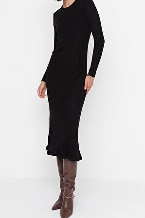 Yeni Slim Casual Günlük Tek Plaka Triko Bisiklet Yaka Uzun Kol Bodycone Midi Boy Elbise