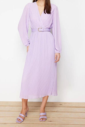 Yeni Regular Gündüz Gece Şifon Dokuma Kruvaze Uzun Kol A-Line Maxi Boy Elbise