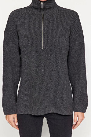 Kadın Moda Şık Regular Dik Yaka Uzun Kol Düz More Sustainable Geniş Kalıp Triko Kazak