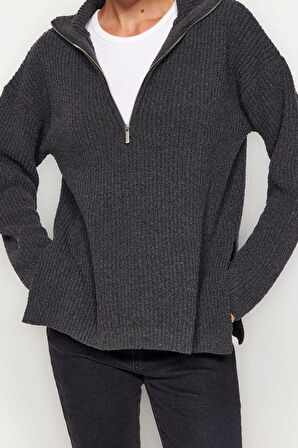 Kadın Moda Şık Regular Dik Yaka Uzun Kol Düz More Sustainable Geniş Kalıp Triko Kazak