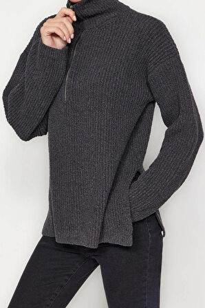 Kadın Moda Şık Regular Dik Yaka Uzun Kol Düz More Sustainable Geniş Kalıp Triko Kazak