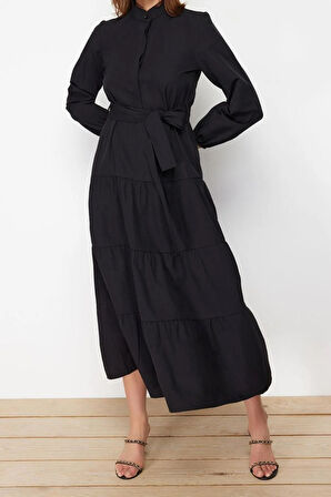 Yeni Rahat Casual Günlük Terrycotton Dokuma Dik Yaka Uzun Kol Basic Maxi Boy Tesettür Elbise