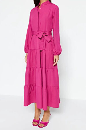 Yeni Rahat Casual Günlük Terrycotton Dokuma Dik Yaka Uzun Kol Basic Maxi Boy Tesettür Elbise