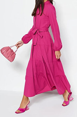 Yeni Rahat Casual Günlük Terrycotton Dokuma Dik Yaka Uzun Kol Basic Maxi Boy Tesettür Elbise