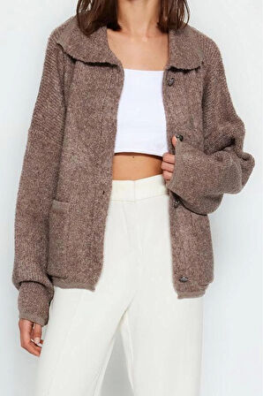 Kadın Moda Şık Regular Polo Yaka Oversize Süper Geniş Kalıp Polo Yaka Buklet Triko Hırka