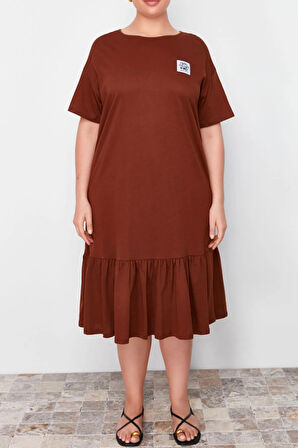 Yeni Rahat Günlük Süprem Örme Bisiklet Yaka Kısa Kol T-Shirt Elbise Midi Boy Büyük Beden Elbise