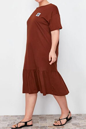 Yeni Rahat Günlük Süprem Örme Bisiklet Yaka Kısa Kol T-Shirt Elbise Midi Boy Büyük Beden Elbise