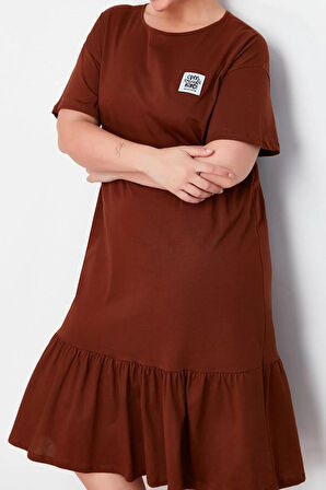 Yeni Rahat Günlük Süprem Örme Bisiklet Yaka Kısa Kol T-Shirt Elbise Midi Boy Büyük Beden Elbise