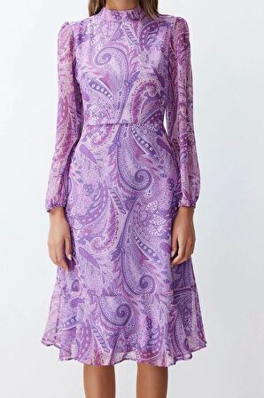 Yeni Regular Gündüz Gece Şifon Dokuma Dik Yaka Uzun Kol A-Line Midi Boy Elbise