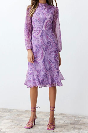 Yeni Regular Gündüz Gece Şifon Dokuma Dik Yaka Uzun Kol A-Line Midi Boy Elbise