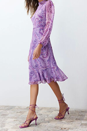 Yeni Regular Gündüz Gece Şifon Dokuma Dik Yaka Uzun Kol A-Line Midi Boy Elbise