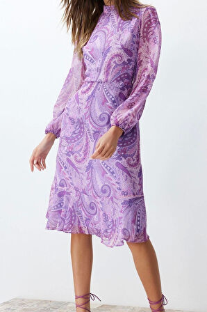 Yeni Regular Gündüz Gece Şifon Dokuma Dik Yaka Uzun Kol A-Line Midi Boy Elbise