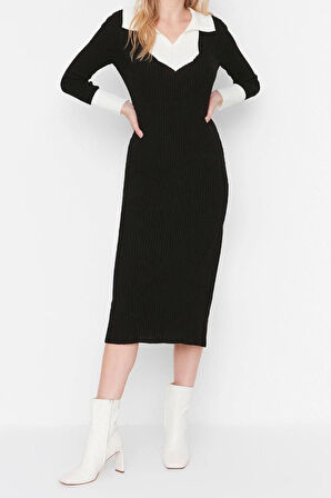 Yeni Slim Casual Günlük Fitilli Triko Polo Yaka Uzun Kol Bodycone Midi Boy Elbise
