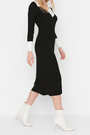 Yeni Slim Casual Günlük Fitilli Triko Polo Yaka Uzun Kol Bodycone Midi Boy Elbise