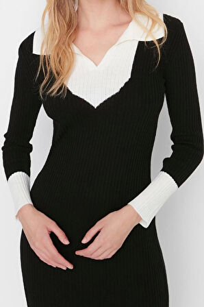 Yeni Slim Casual Günlük Fitilli Triko Polo Yaka Uzun Kol Bodycone Midi Boy Elbise