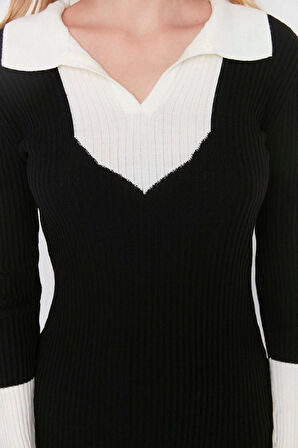 Yeni Slim Casual Günlük Fitilli Triko Polo Yaka Uzun Kol Bodycone Midi Boy Elbise