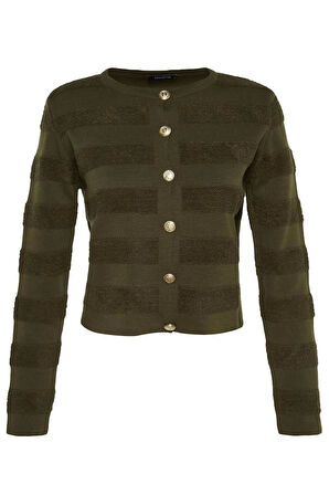 Kadın Moda Şık Regular Bisiklet Yaka Uzun Kol Düz Ceket Görünümlü Triko Hırka