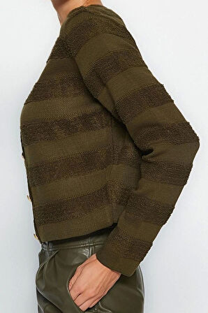 Kadın Moda Şık Regular Bisiklet Yaka Uzun Kol Düz Ceket Görünümlü Triko Hırka