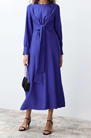 Yeni Regular Casual Günlük Aerobin Dokuma V Yaka Uzun Kol A-Line Midi Boy Tesettür Elbise