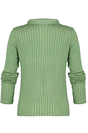 Kadın Moda Şık Regular Polo Yaka Uzun Kol Düz Kol Ucu Detaylı Polo Yaka Triko Kazak