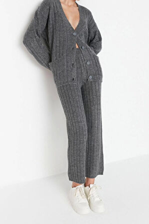 Kadın Moda Şık Geniş Paça Regular Boy Uzun Kollu Geniş Kalıp Yumuşak Dokulu Triko Alt-Üst Takım