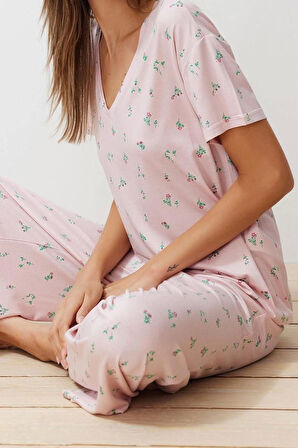 Kadın Viskon V Yaka Kısa Kol Çiçekli Örme Pijama Takımı