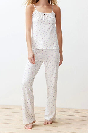 Kadın Viskon Havuz Yaka Askılı Kol Çiçekli İp Askılı Örme Pijama Takımı