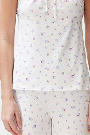 Kadın Viskon Havuz Yaka Askılı Kol Çiçekli İp Askılı Örme Pijama Takımı